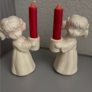 2 Vtg 5” Girl in Pigtails Holding a Candle Holder  Colonial Candle made in Japan